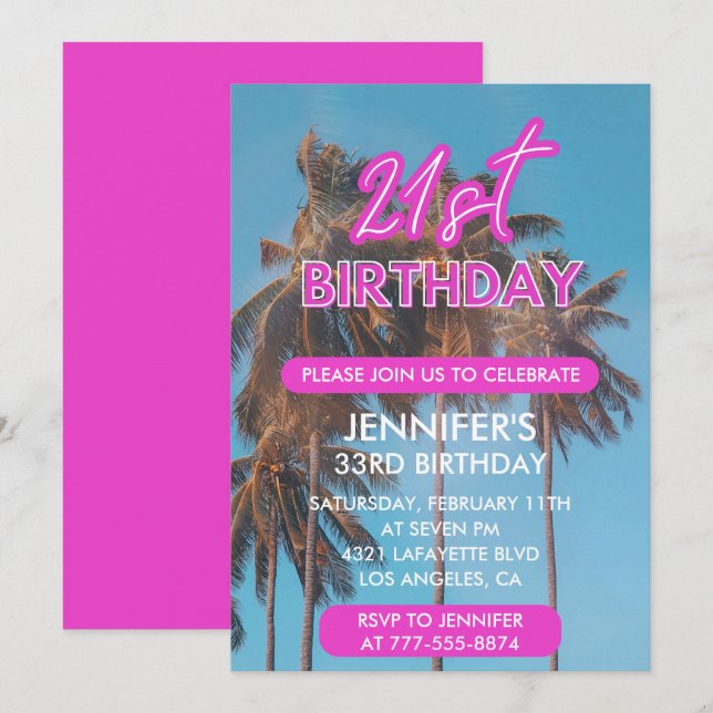 convites de aniversário de 21 anos Rosa Tropical (Frente/Verso)