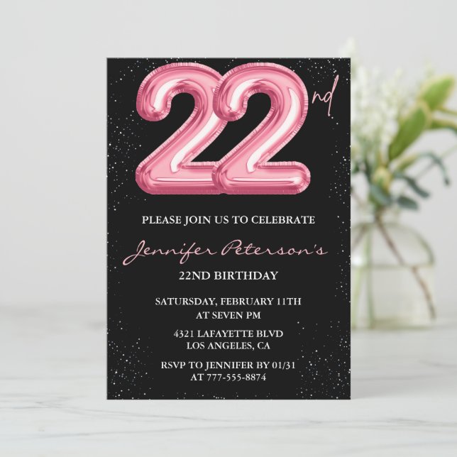 convites de aniversário de 22 anos Balão Rosa Glam (Em pé/Frente)