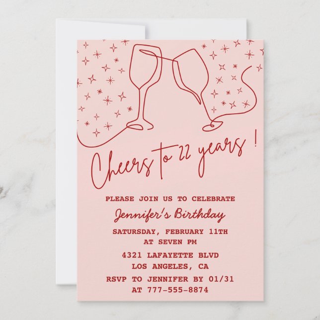 Convites de aniversário de 22 anos Elegant Pink Pa (Frente)