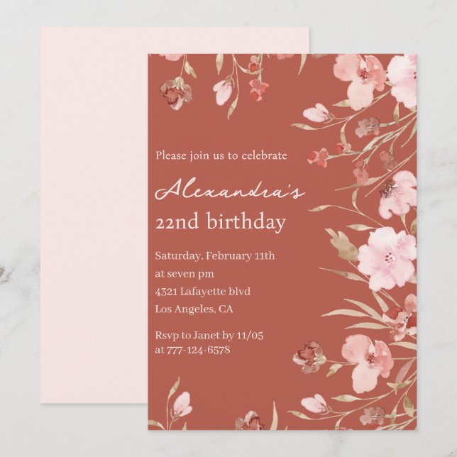Convites de aniversário de 22 anos elegantes Flora (Frente/Verso)