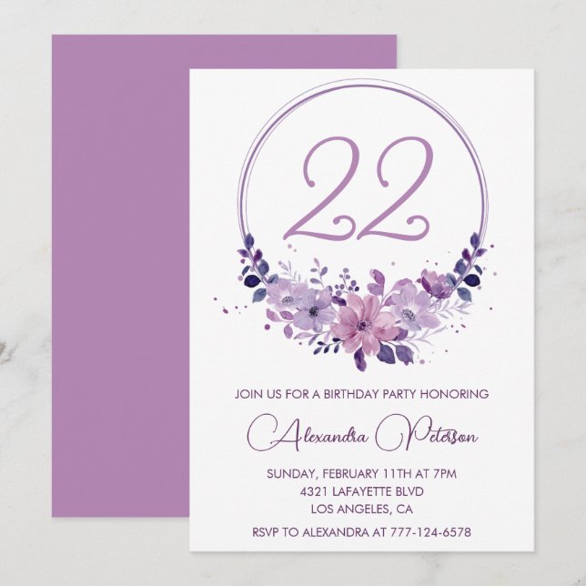 Convites de aniversário de 22 anos Elegantes Flora (Frente/Verso)