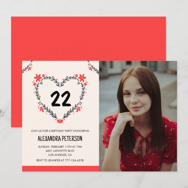 convites de aniversário de 22 anos para ela Floral (Frente/Verso)