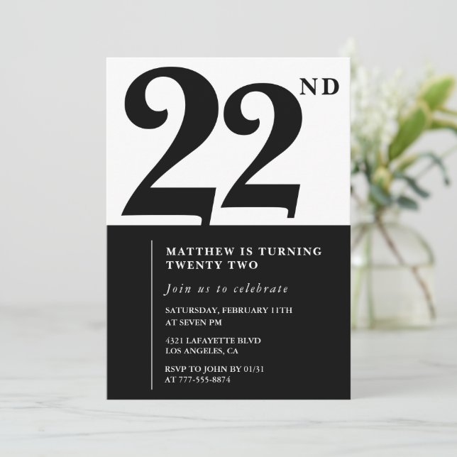 convites de aniversário de 22 anos Preto e Branco  (Em pé/Frente)