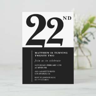 convites de aniversário de 22 anos Preto e Branco 