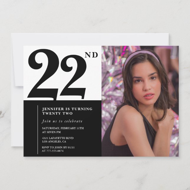 Convites de Aniversário de 22 Anos Preto e Branco  (Frente)