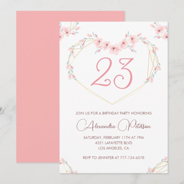 convites de aniversário de 23 anos Boho Floral Ros (Frente/Verso)