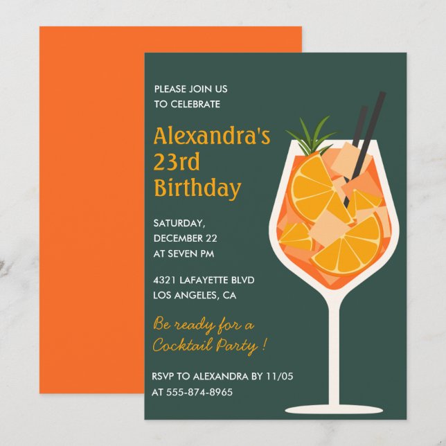 convites de aniversário de 23 anos Cocktail Elegan (Frente/Verso)