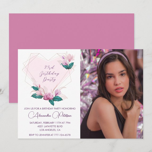 Convites de aniversário de 23 anos elegantes Flora (Frente/Verso)