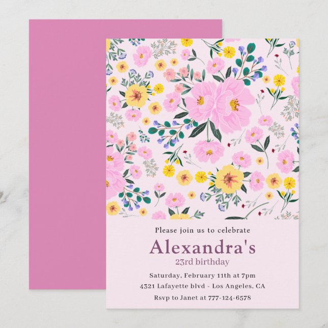 Convites de aniversário de 23 anos elegantes Rosa  (Frente/Verso)