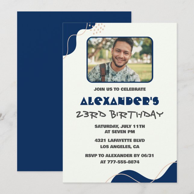 convites de aniversário de 23 anos homens navy sim (Frente/Verso)