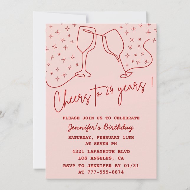 Convites de aniversário de 24 anos Elegant Pink Sa (Frente)