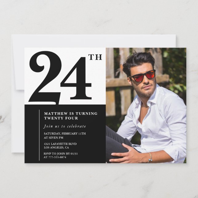 Convites de Aniversário de 24 anos Preto e Branco  (Frente)