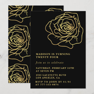 Convites de aniversário de 24 anos preto floral do