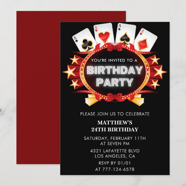 Convites de aniversário de 24 anos pretos Casino P (Frente/Verso)