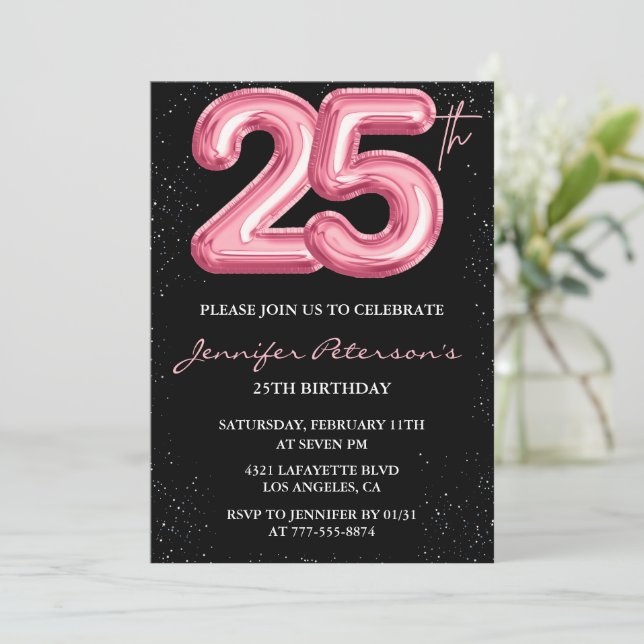 convites de aniversário de 25 anos Balão Rosa Glam (Em pé/Frente)