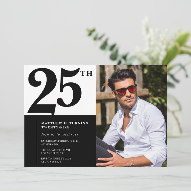 convites de aniversário de 25 anos Foto Preto Bran (Em pé/Frente)
