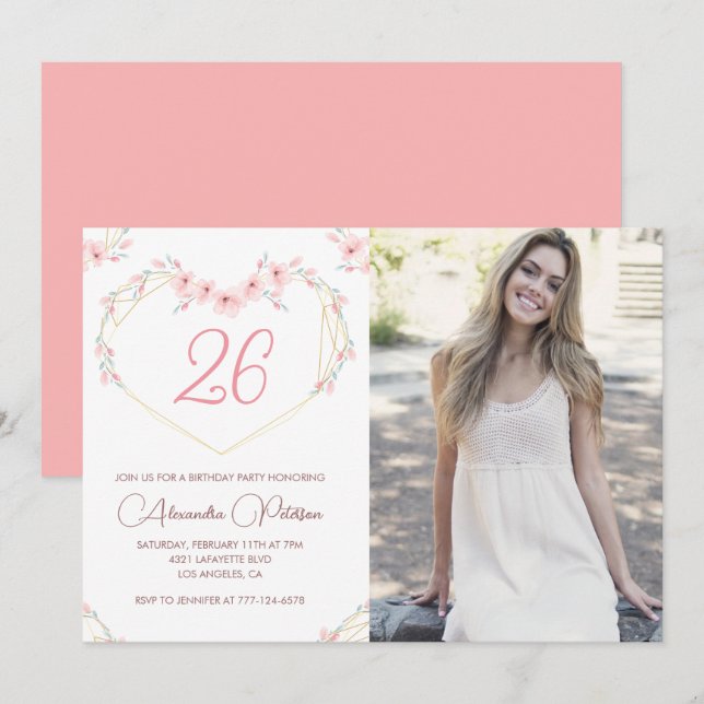 convites de aniversário de 26 anos Boho Floral Fot (Frente/Verso)