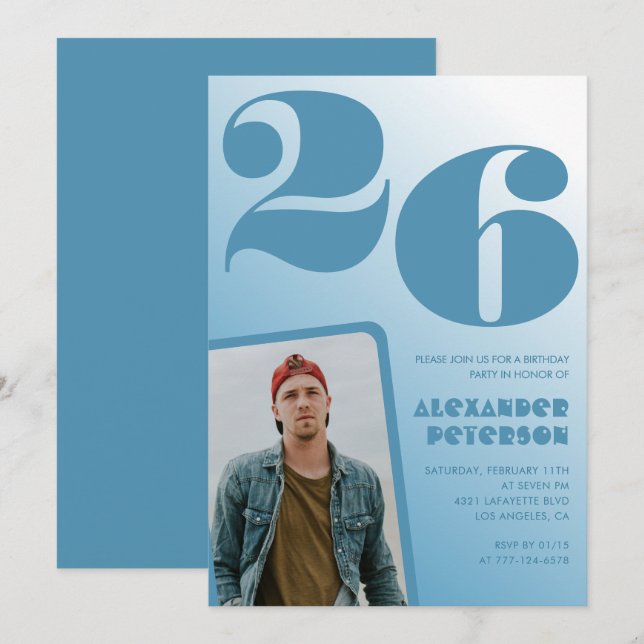Convites de aniversário de 26 anos gradiente azul  (Frente/Verso)