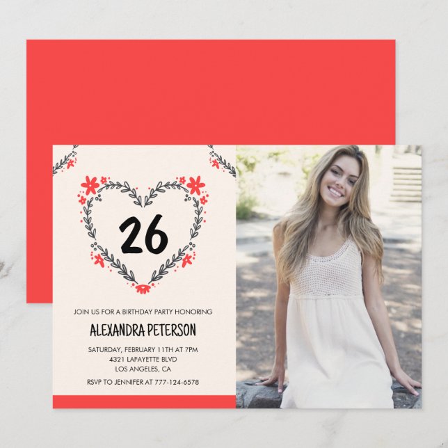 convites de aniversário de 26 anos para ela Floral (Frente/Verso)