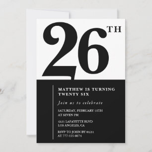 convites de aniversário de 26 anos Preto e Branco 