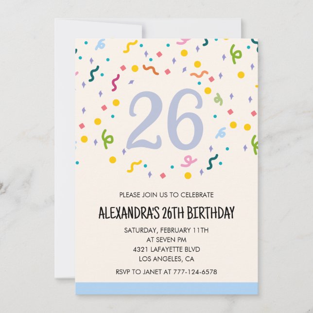 Convites de aniversário de 26 anos simples Confett (Frente)