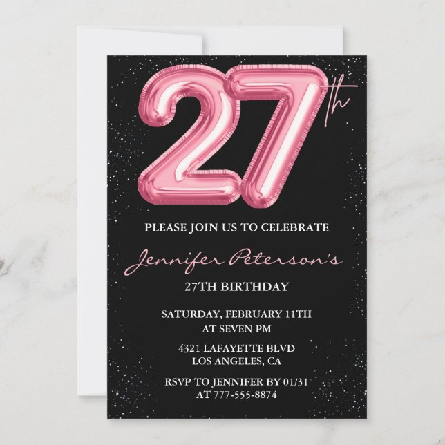 convites de aniversário de 27 anos Balão Rosa Glam (Frente)