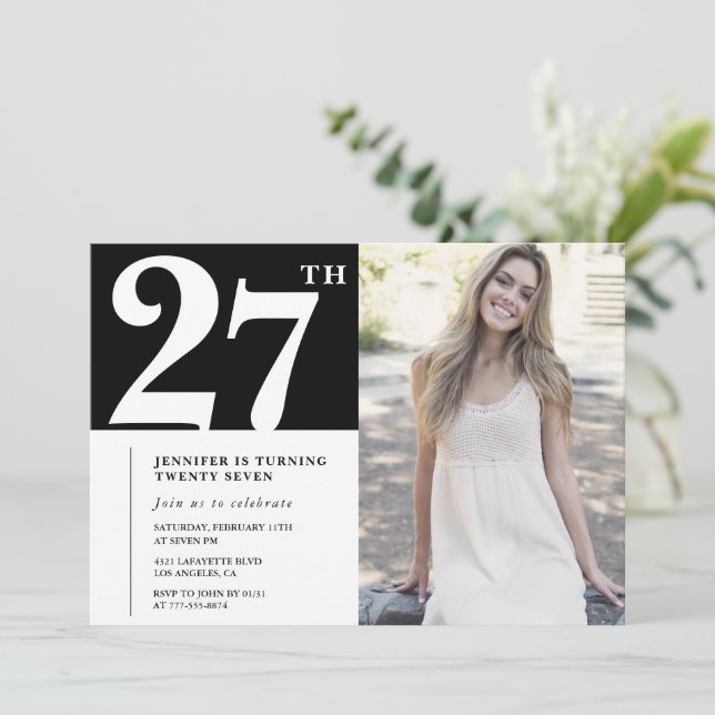 Convites de aniversário de 27 anos com foto Black  (Em pé/Frente)