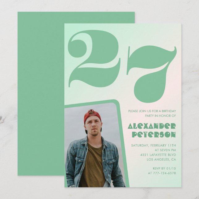 Convites de aniversário de 27 anos gradiente verde (Frente/Verso)