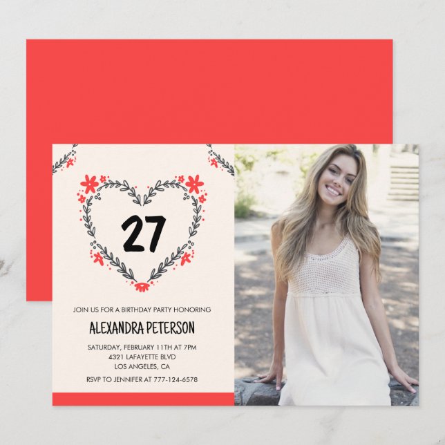 convites de aniversário de 27 anos para ela Floral (Frente/Verso)