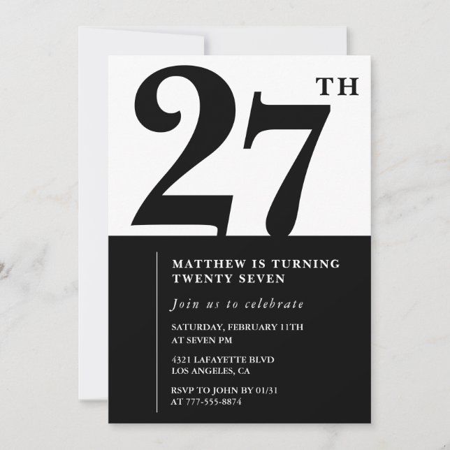 convites de aniversário de 27 anos Preto e Branco  (Frente)