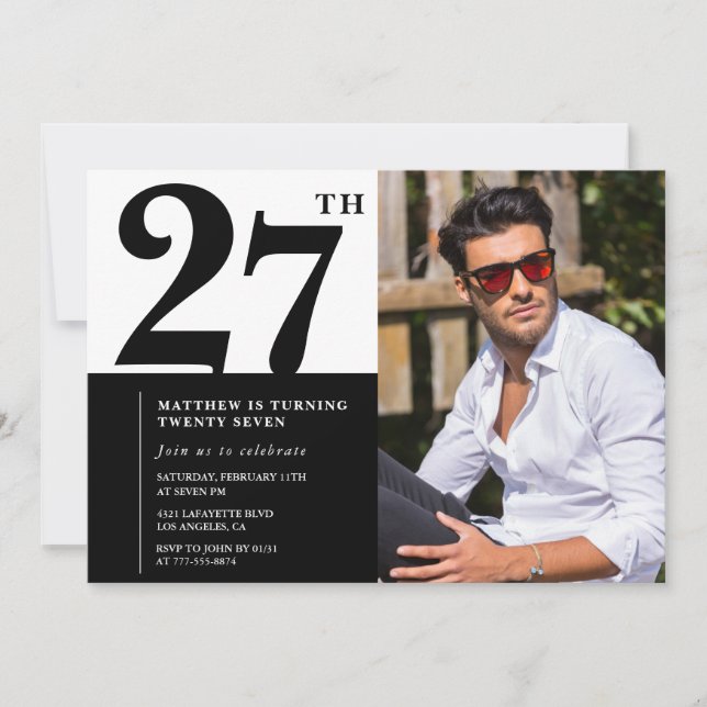 Convites de Aniversário de 27 Anos Preto e Branco  (Frente)