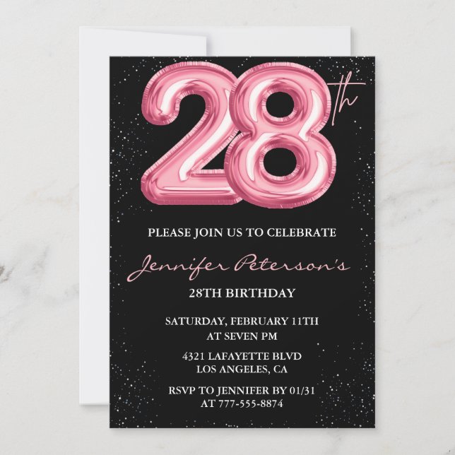 convites de aniversário de 28 anos Balão Rosa Glam (Frente)