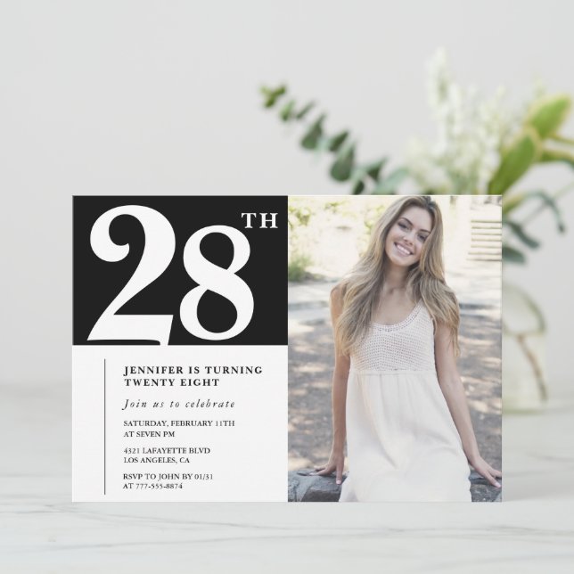 Convites de Aniversário de 28 anos com Foto Black  (Em pé/Frente)