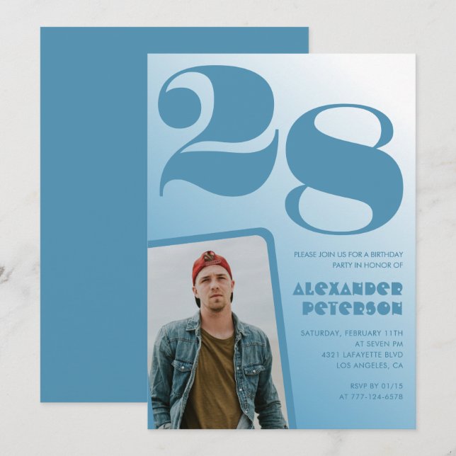 Convites de aniversário de 28 anos gradiente azul  (Frente/Verso)