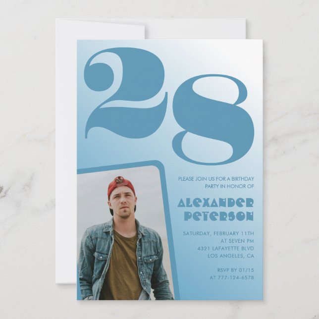 Convites de aniversário de 28 anos gradiente azul  (Frente)