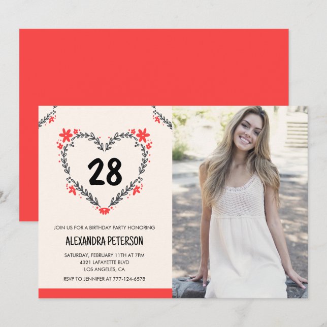 convites de aniversário de 28 anos para ela Floral (Frente/Verso)