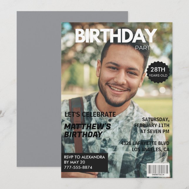 Convites de aniversário de 28 anos para ele Revist (Frente/Verso)