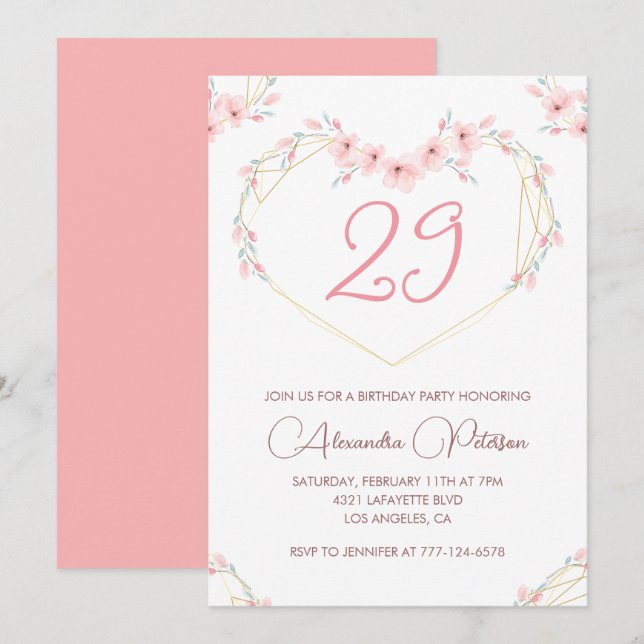 convites de aniversário de 29 anos Boho Floral Ros (Frente/Verso)