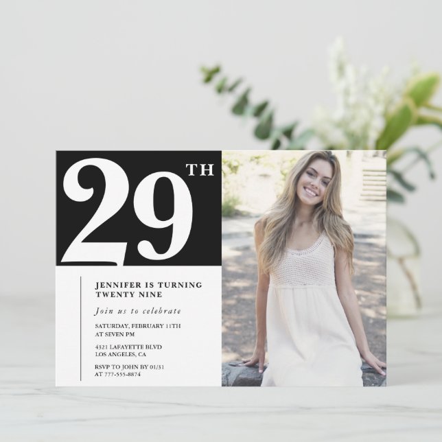 Convites de aniversário de 29 anos com foto Black  (Em pé/Frente)