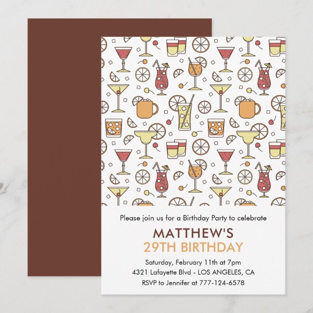 Convites de aniversário de 29 anos padrão Cocktail (Frente/Verso)