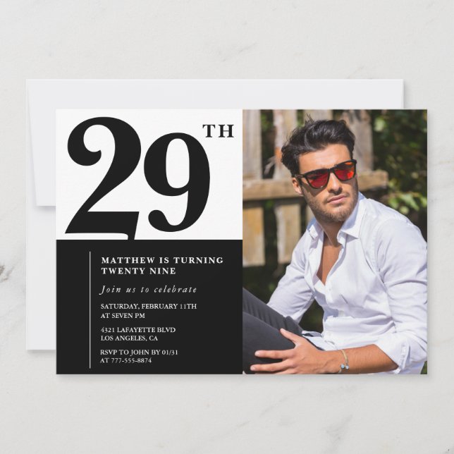 Convites de Aniversário de 29 Anos Preto e Branco  (Frente)