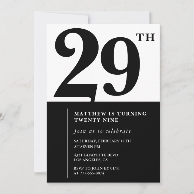 convites de aniversário de 29 anos Preto e Branco  (Frente)