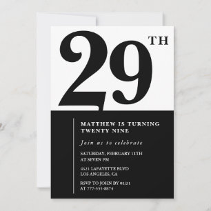 convites de aniversário de 29 anos Preto e Branco 