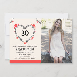 convites de aniversário de 30 anos floral coração