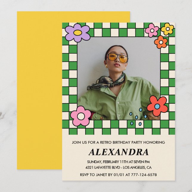 convites de aniversário de 30 anos Flores Retro Gr (Frente/Verso)