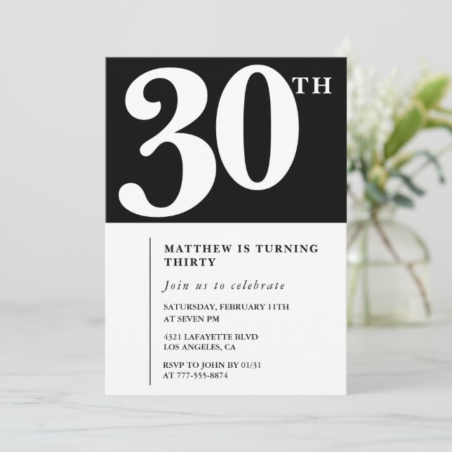 convites de aniversário de 30 anos Preto Branco El (Em pé/Frente)