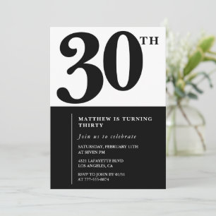 convites de aniversário de 30 anos Preto e Branco 