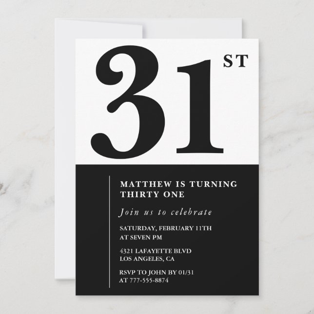 convites de aniversário de 31 anos Preto e Branco  (Frente)