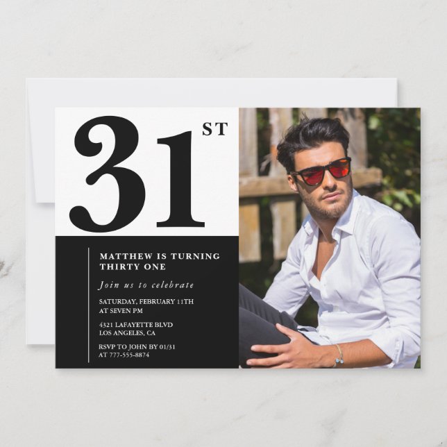 Convites de Aniversário de 31 Anos Preto e Branco  (Frente)