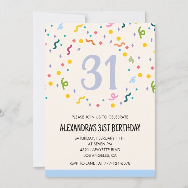Convites de aniversário de 31 anos simples Confett (Frente)
